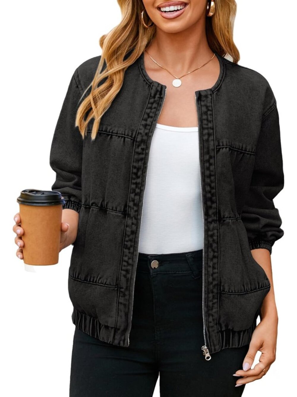 Womens Black Crew Neck Long Sleeve Zip Up Loose Fit Fall Bomber Jean Jacket